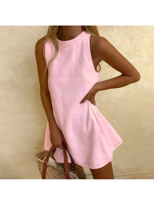 Pink Casual Sleeveless Dress Cute Energetic Girl Style Y2k Summer Beach Dress High Quality Waist A-Shaped Dress Soft