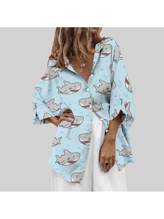 Women's Casual Shark Print Long-Sleeved Shirt Chic Fashion