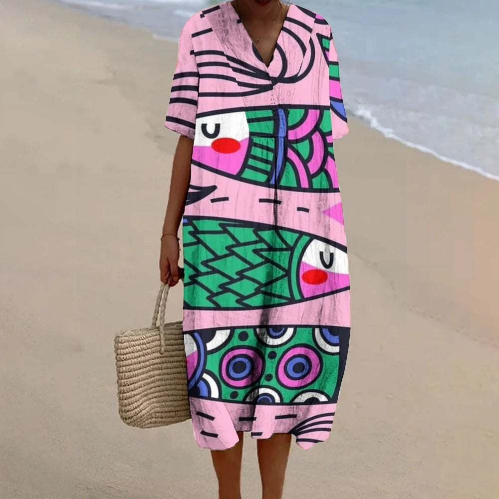 Women's Sardines Fish Print Dress Pink Autumn Holiday Dress