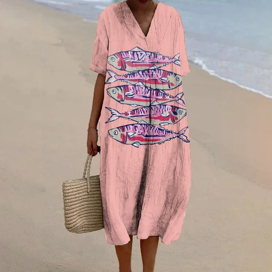 Women's Sardines Fish Print Casual V-Neck Linen Dress