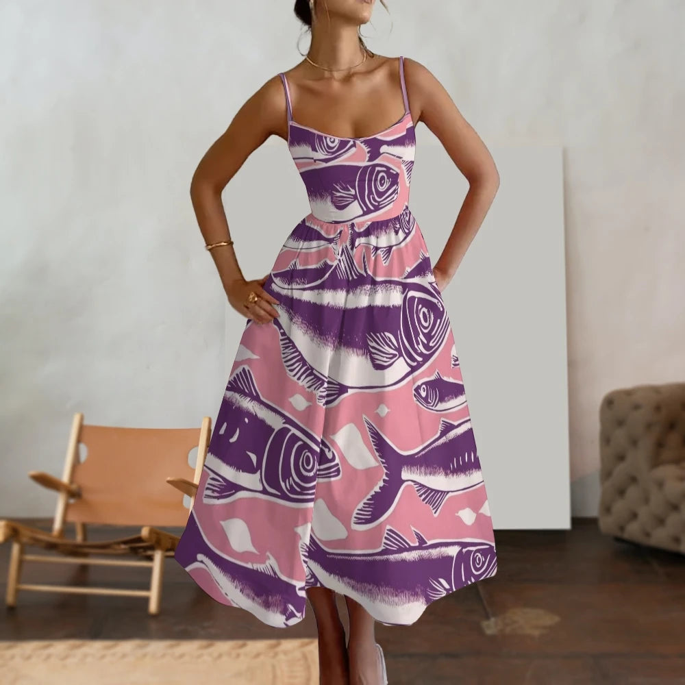 Pink Purple Women's Sleeveless Fish Print Long Dress