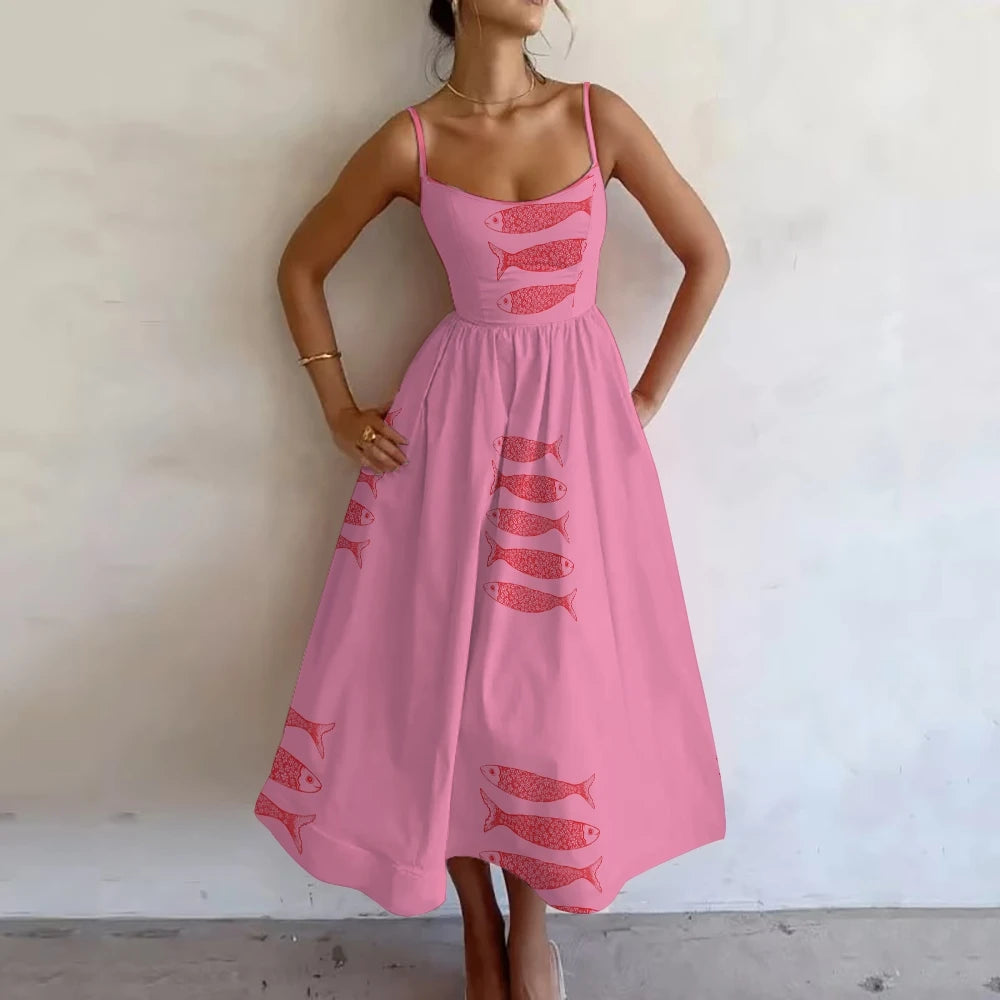 Elegant Casual Ladies Sleeveless Pink Sardines Dress