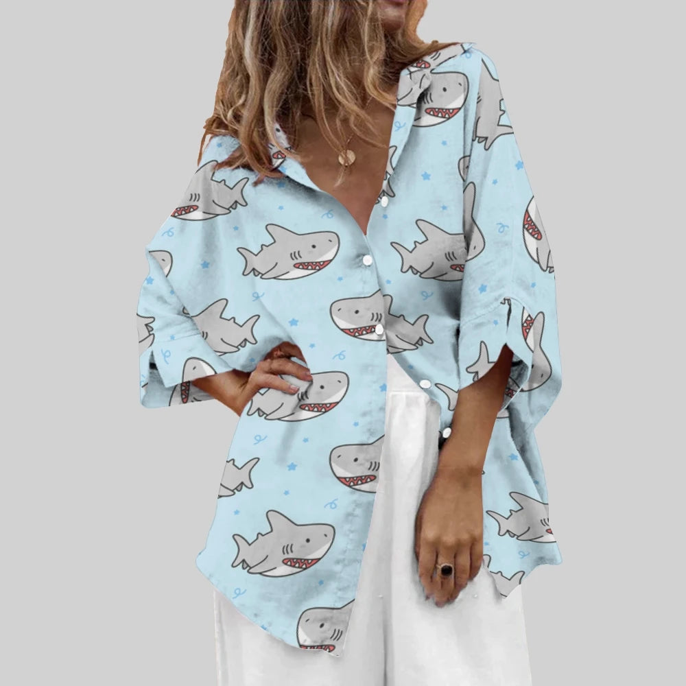 Women's Casual Shark Print Long-Sleeved Shirt Chic Fashion