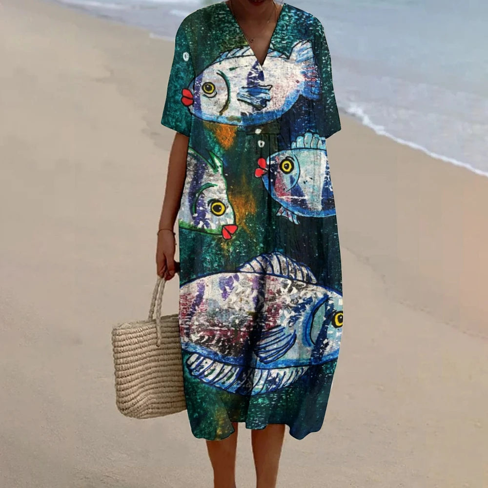 Sardines Fish Print Dress Women 2024 Maxi Linen A-line