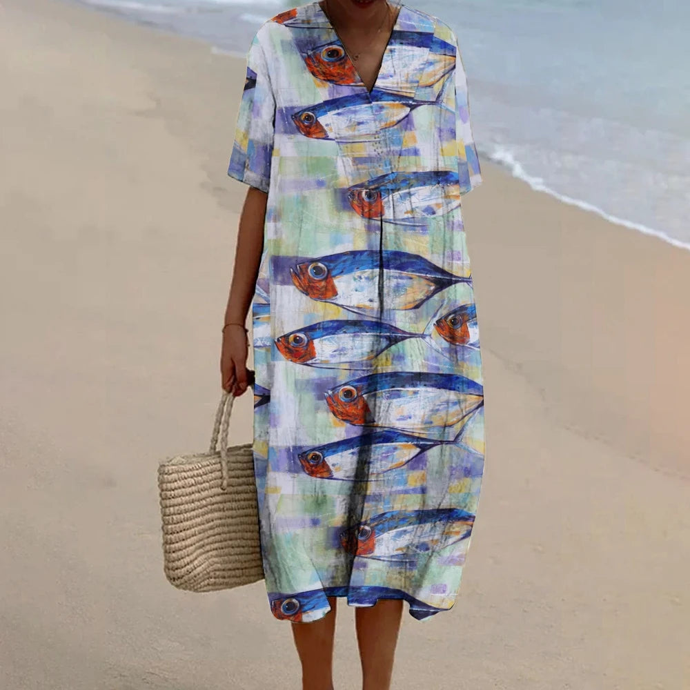 Fashion Ladies Beach Skirt Ocean Fish Graphic Printing Dress