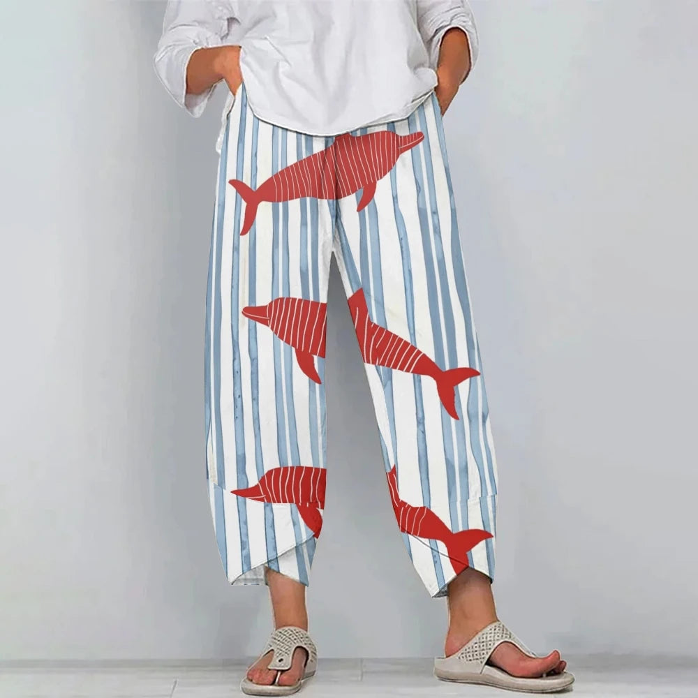 Women's Pilchard Printed Linen Pants High Waist Casual Versati Luxury Brand Designer Summer Trousers 2024