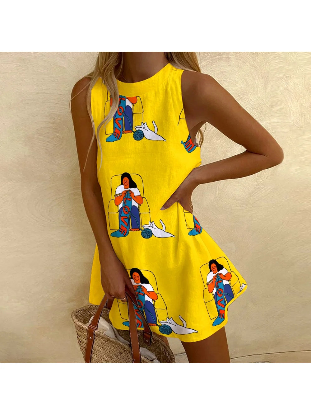 Cartoon Printed Casual Dress Sleeveless Ladies Summer Dress