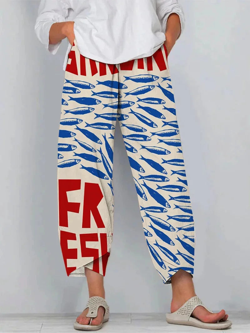 Women's Retro Fish Sardine Art Printing Linen Casual Pants