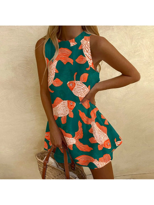 Vintage Casual Sleeveless Dress Ladies Fashion Goldfish Print Chic Summer Beach Wear