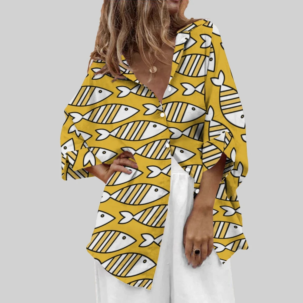 Yellow Sardines Print Shirt Women's Casual Wear Chic Top