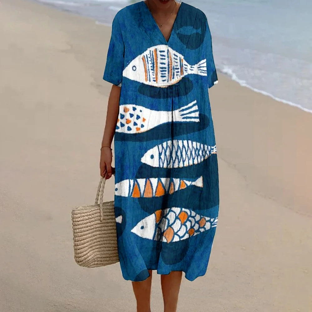 Sardines Fish Print Dress Women 2024 Maxi Linen A-line