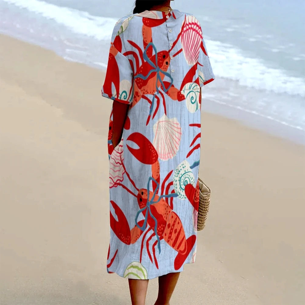 Retro Chic Lobster Printed Dress Casual Elegant Maxi Dress