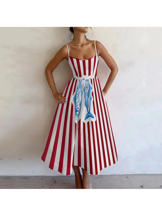 Red Striped Suspender Skirt New Y2k Style Fish Pattern Dress