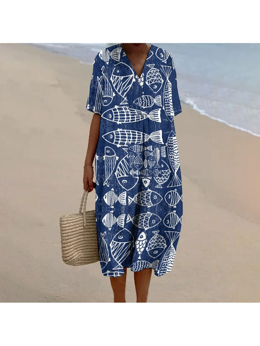 Vintage Sardines Graphic Printing Dress Ladies Skirt Outfit New Trend High Quality V-Neck Fashion New Long Dress Chic Luxury