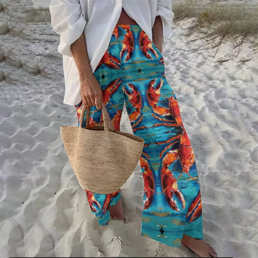 2024 New Female Vintage Hawaiian Style Crab Printed Pants Outfit Chic Cotton Loose Casual Floor-Length Wide Leg Pants For Women