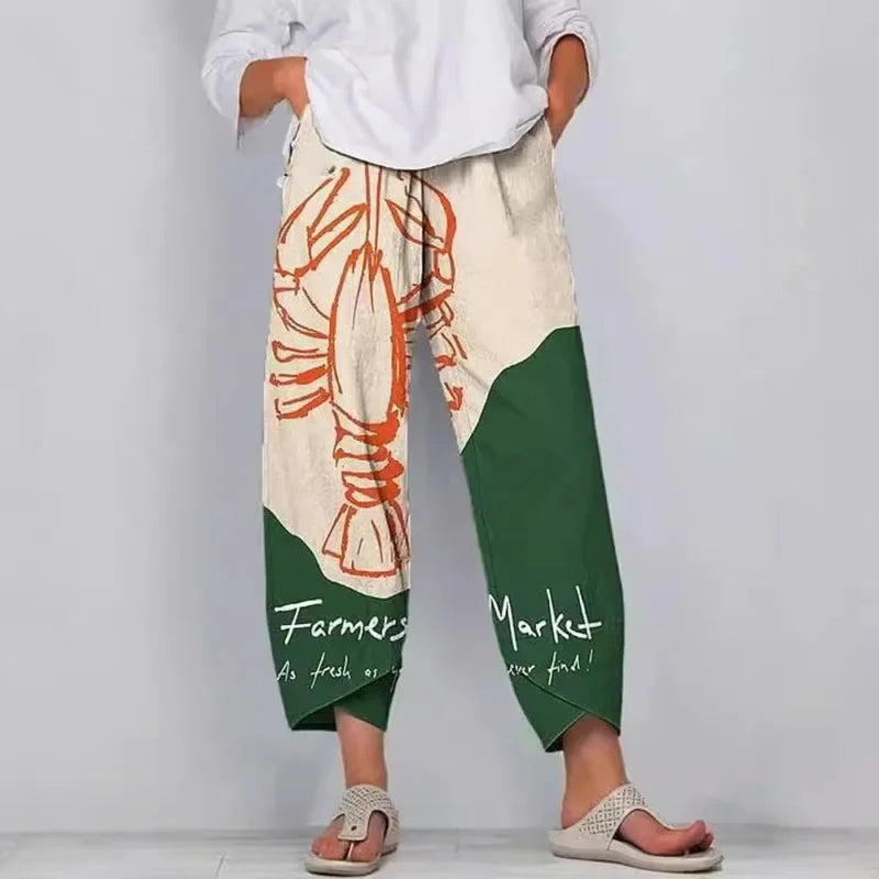 Women's Retro Fish Sardine Art Printing Linen Casual Pants