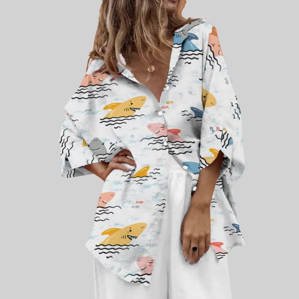 Ocean Fish Print Blue Shirt Seaside Vacation Clothing Full Printing Shirt Hot Selling 2024 Summer Tops Leisure Long Sleeved