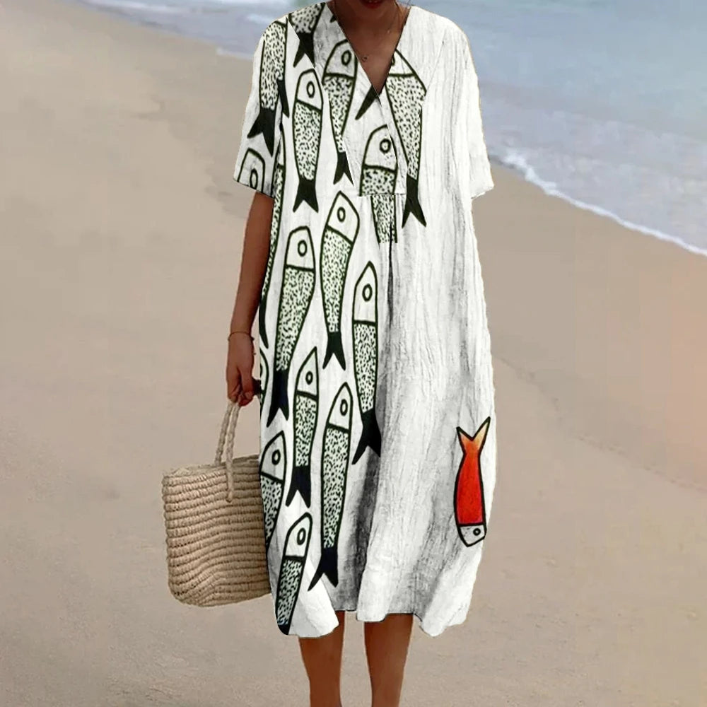 Sardines Fish Print Dress Women 2024 Maxi Linen A-line