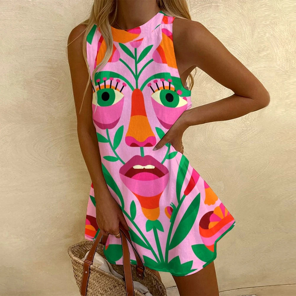 Sleeveless High Waist Dress Beach Print Fashion Party A-Shaped Dress