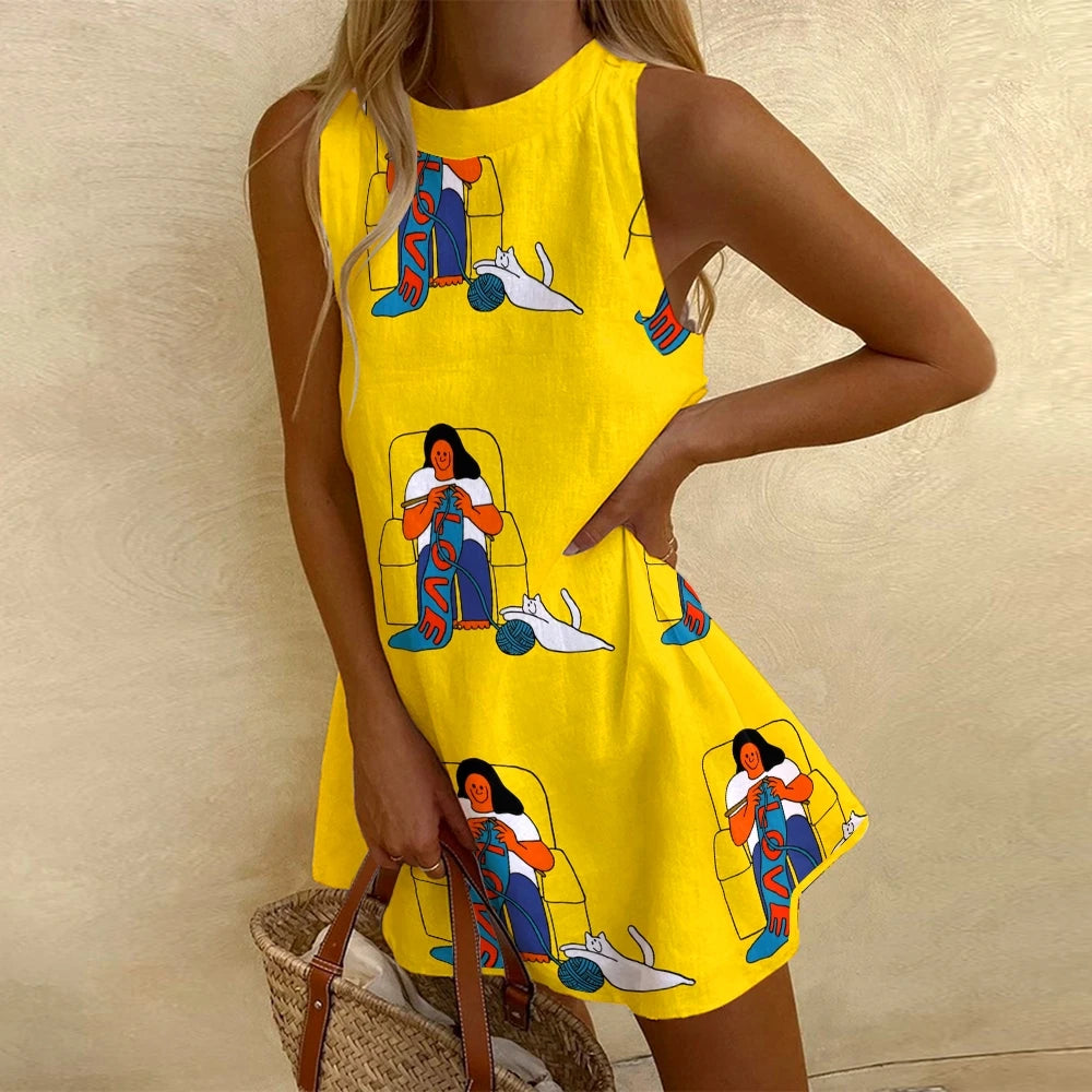 Cartoon Printed Casual Dress Sleeveless Ladies Summer Dress