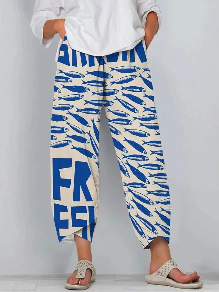 Women's Retro Fish Sardine Art Printing Linen Casual Pants