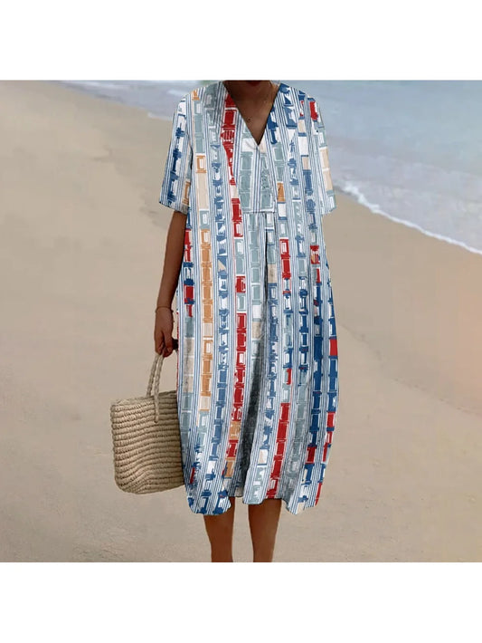 Vintage Splicing Painted Dress Ladies V-Neck Casual Straight High Waist Long Dress Designer New High-Quality Beach Outfit