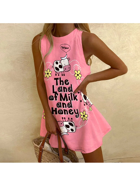 Pink Sleeveless Dress Casual Fashion Cute Cow Print Tank Top