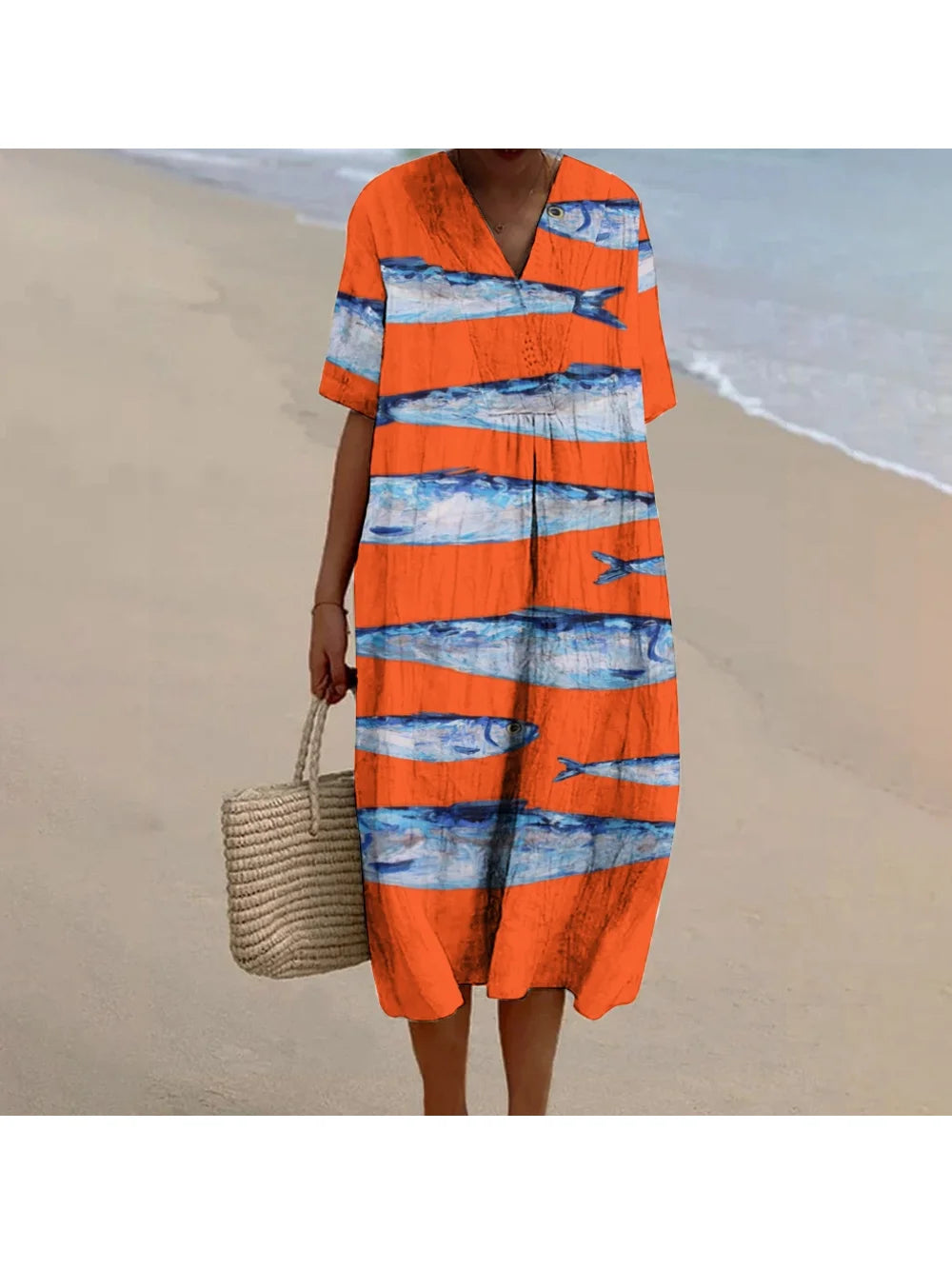 Retro Chic Beach Dress V-Neck High-Waisted Sardine Print