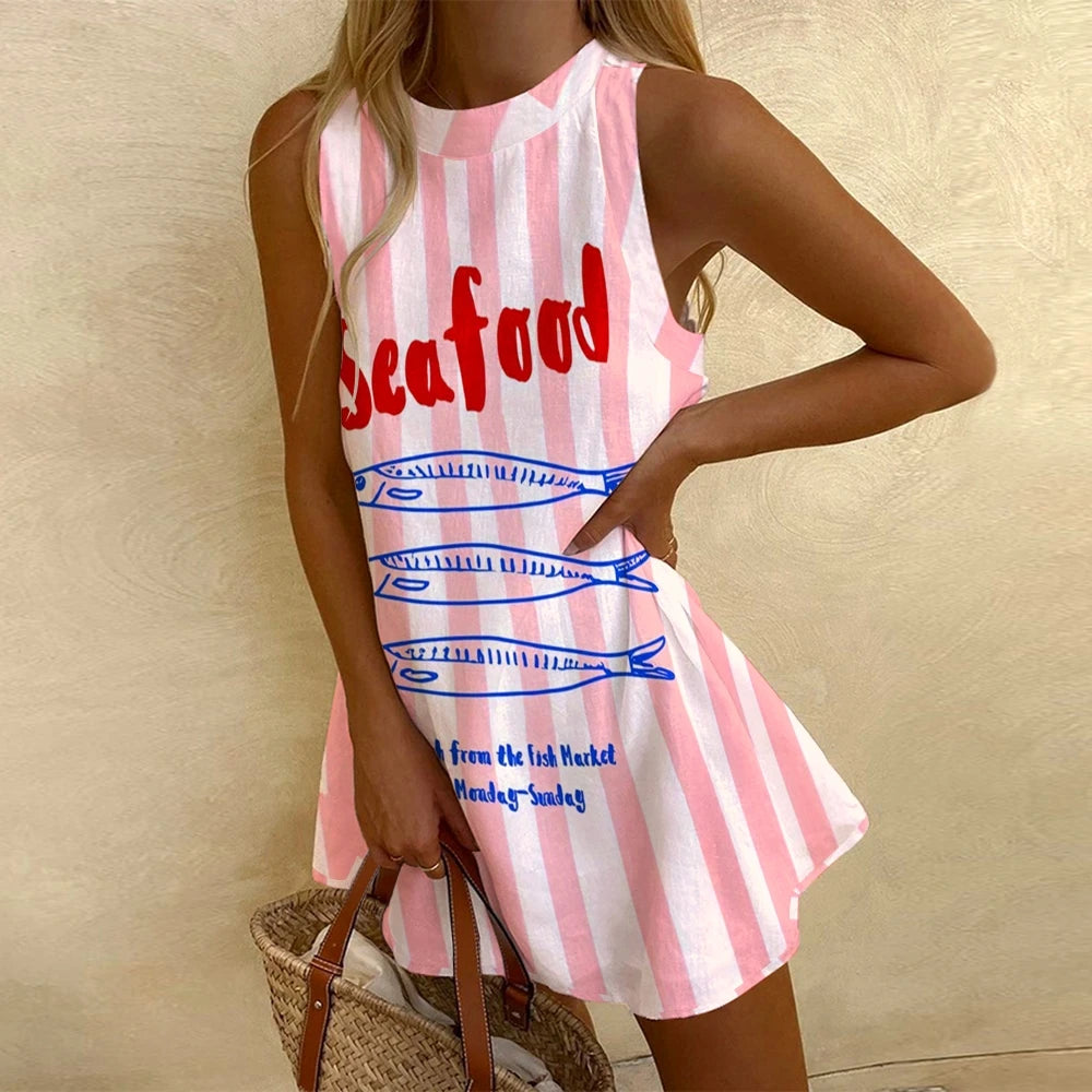 Women's Sleeveless Dress Fashion Pink Stripe Sea Food Print