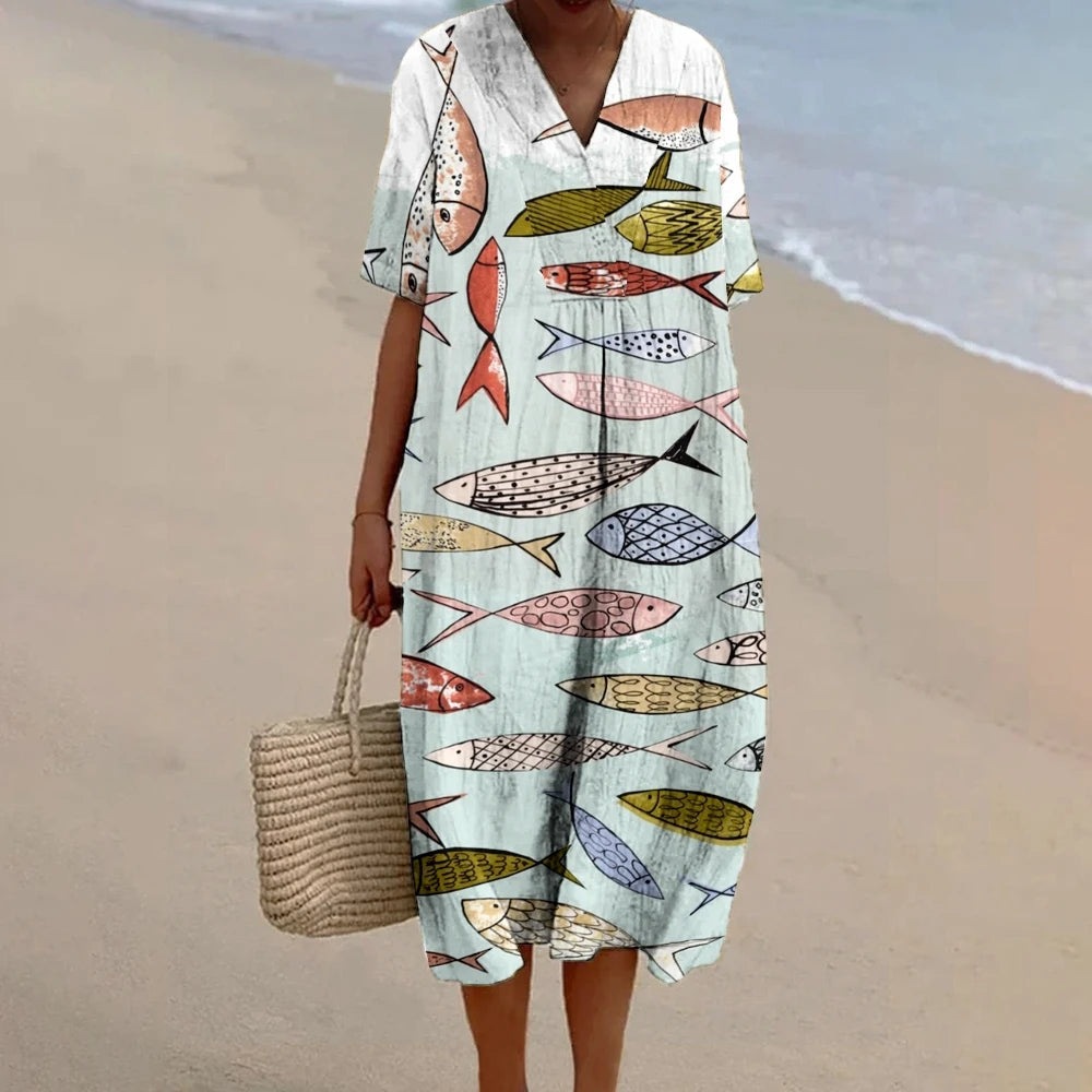 Sardines Fish Print Dress Women 2024 Maxi Linen A-line