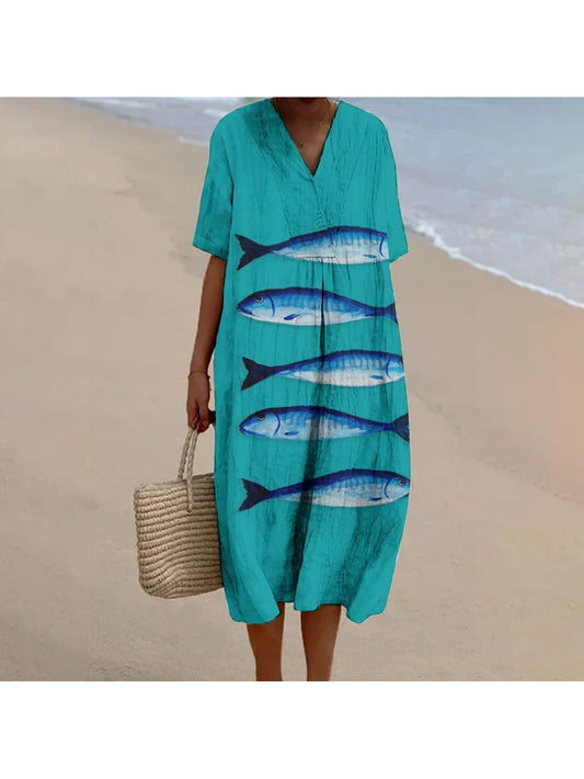 Sardines Printed Casual Skirt V-Neck Beach Shirt High Waist