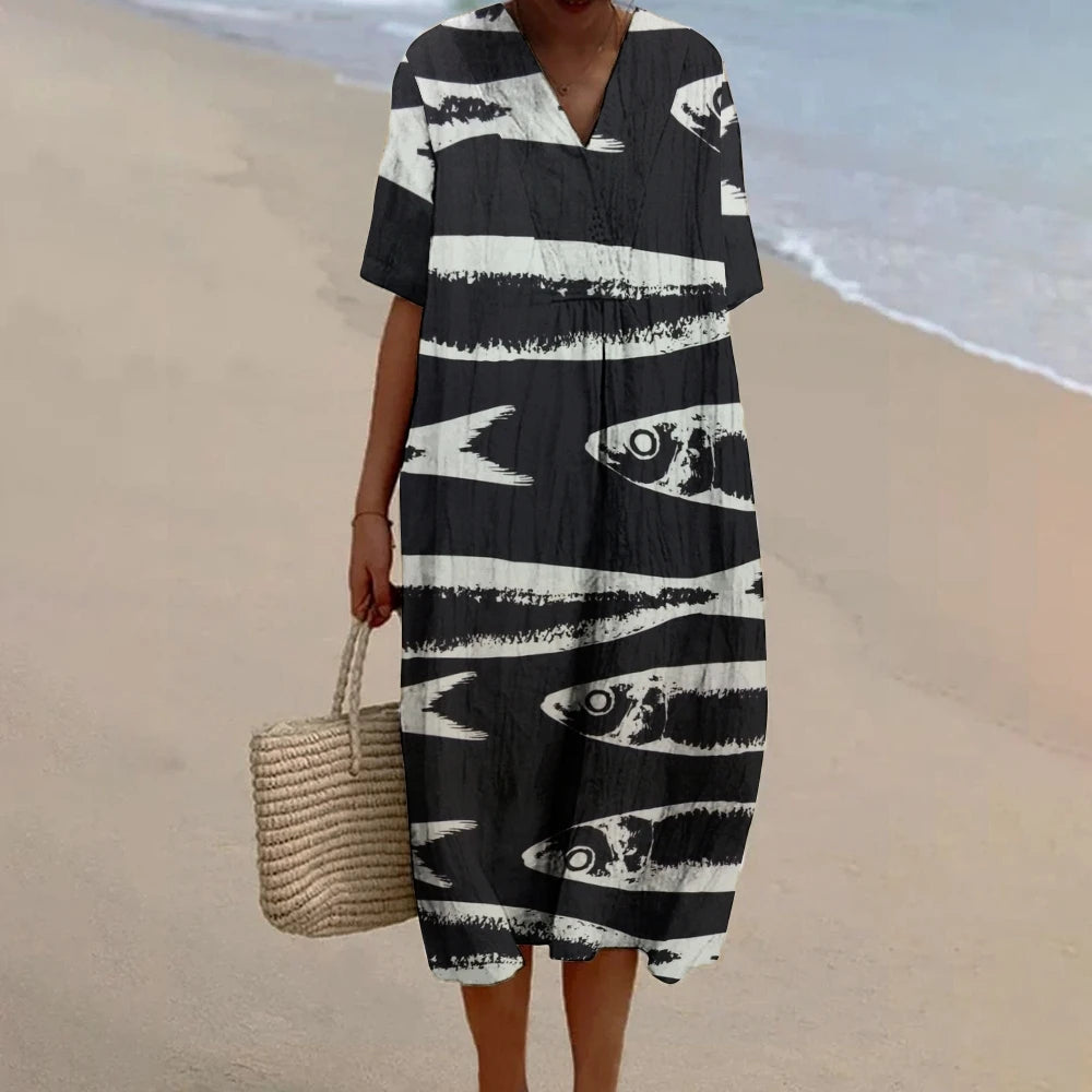 Sardines Fish Print Dress Women 2024 Maxi Linen A-line