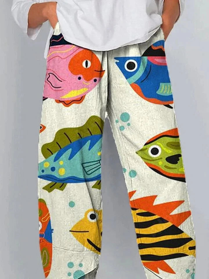 Women's Retro Fish Sardine Art Printing Linen Casual Pants