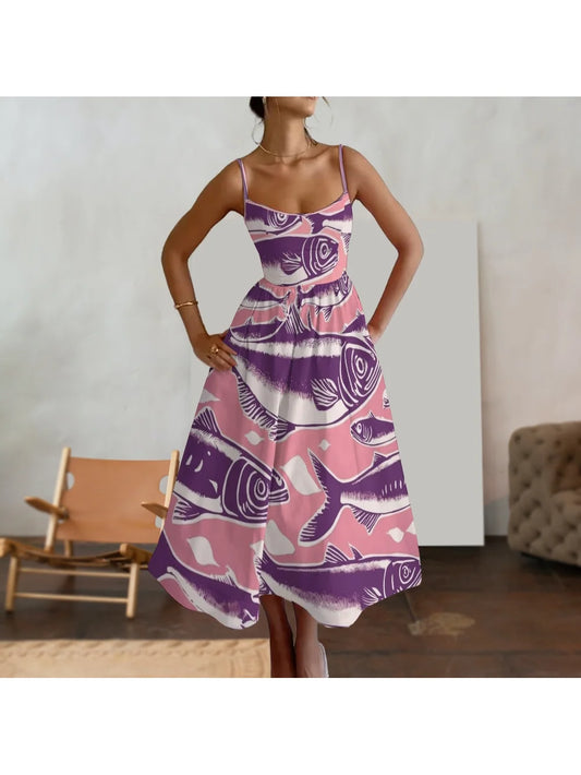 Pink Sardine Print Suspender Skirt Casual High Waist Tight A-Shaped Skirt Sleeveless High Quality Y2k Style Beach Dress