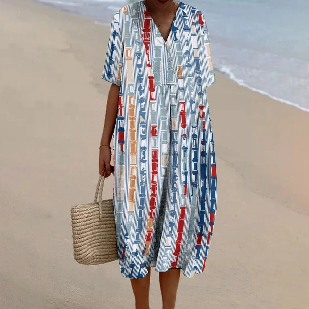 Vintage Splicing Painted Dress Ladies V-Neck Casual Straight High Waist Long Dress Designer New High-Quality Beach Outfit