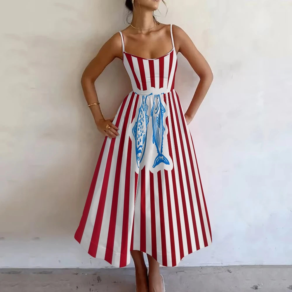 Red Striped Suspender Skirt New Y2k Style Fish Pattern Dress