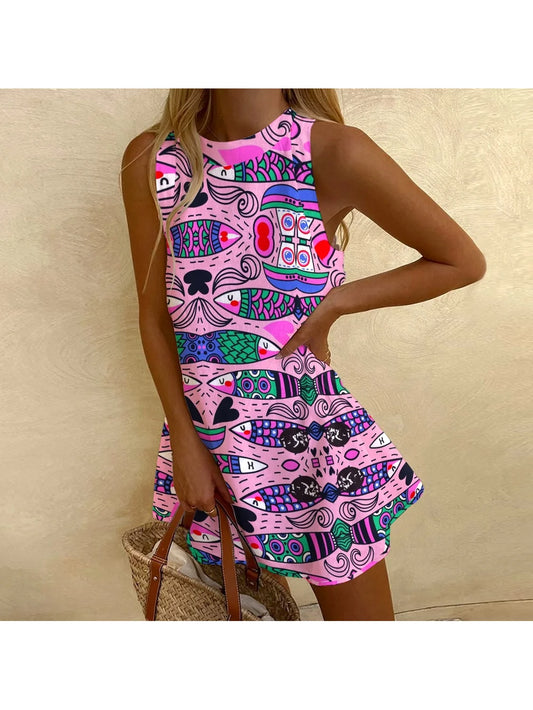 Color Sardines Print Sleeveless Dress Summer High Waist Fashion