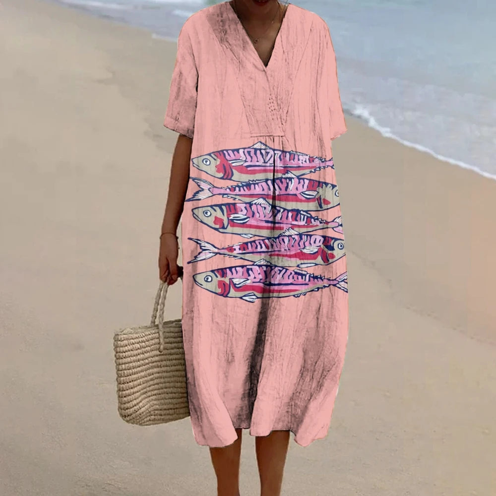 Pink Sardine Casual Dress New Luxury Short-Sleeved V-Neck Straight Beach Dress Loose Soft Cotton Long Dress