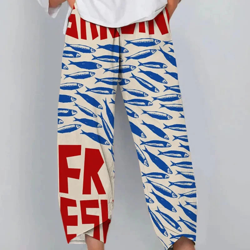 Women's Retro Fish Sardine Art Printing Linen Casual Pants