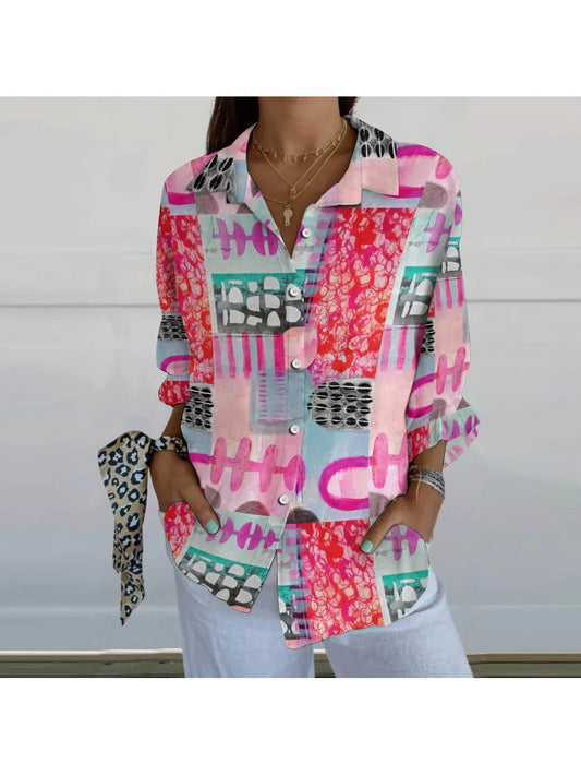 Women's Cartoon Painted Printed Casual Shirt Y2K Style Fashion V-Neck Loose Long Sleeve Elegant Bohemian Casual Top