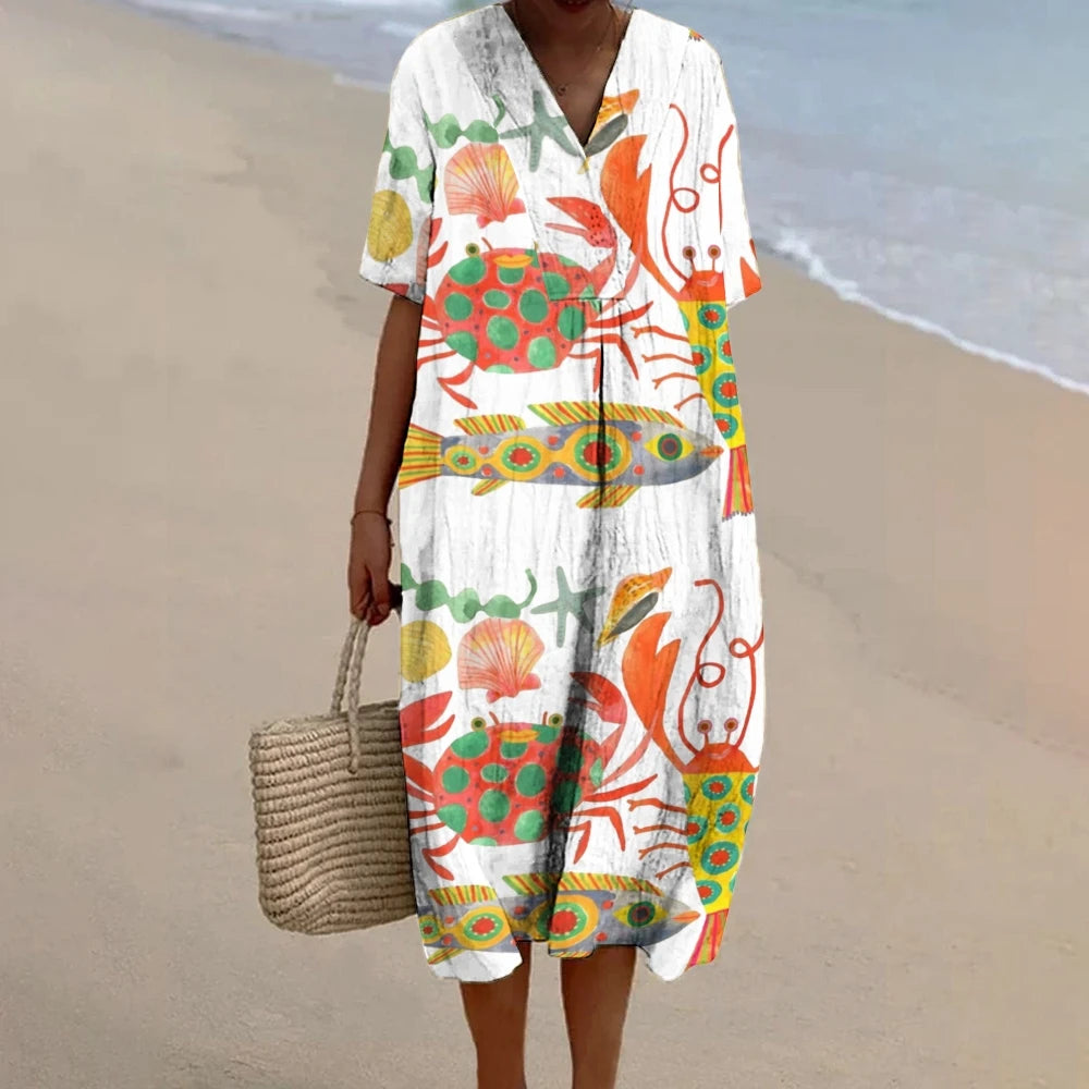 New Dress Fashion Woman Fish Printed Maxi Dress Boho Wear