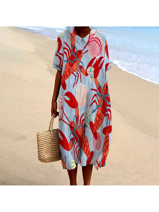 Retro Chic Lobster Printed Dress Casual Elegant Maxi Dress