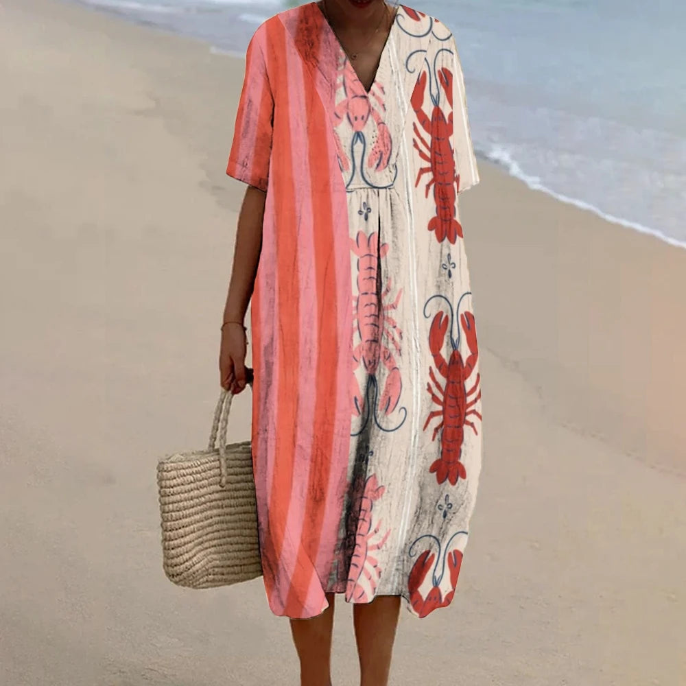 Women's Lobster Print Linen Dress Luxury Summer Outfit