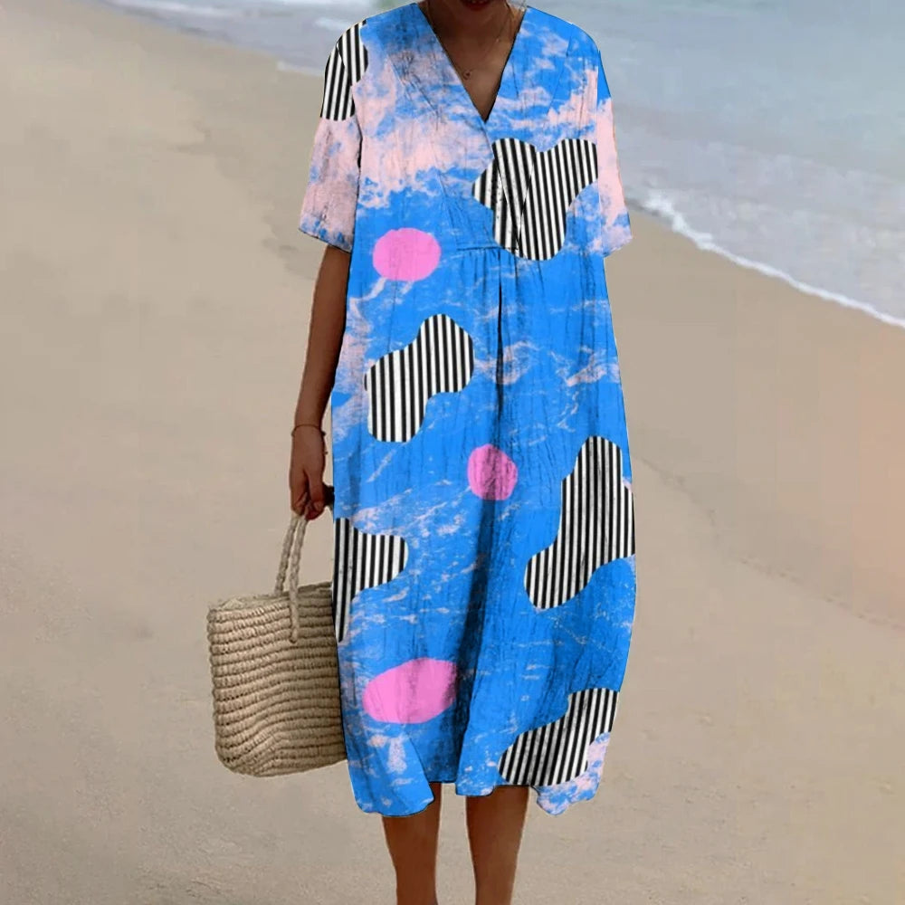 Ladies High Quality Beach Dress Pure Cotton Blue Smudge