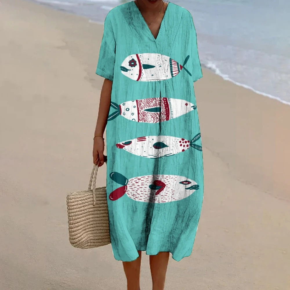 Bohemian Print Loose Casual Beach Dress 2024 Summer Robe