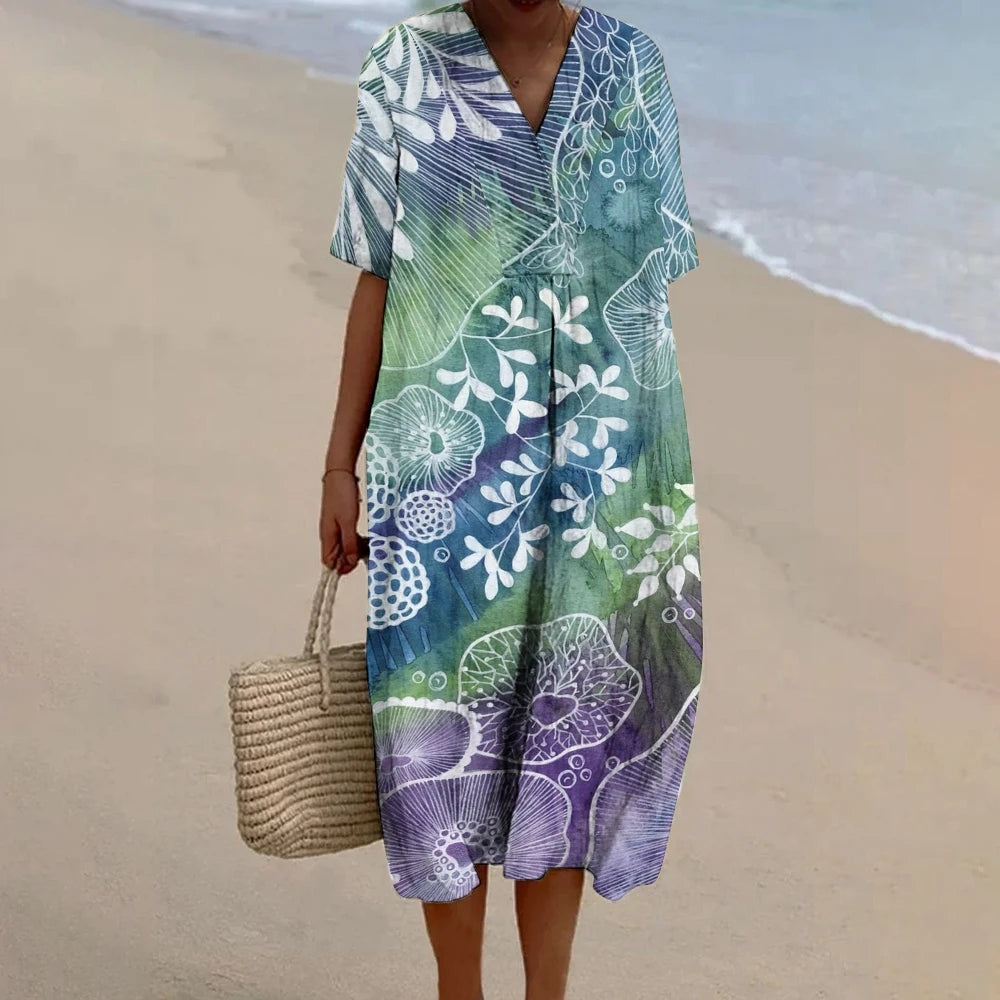 Ladies Dress Retro Flower Smudge Graphic Printing Luxury High Quality Designer Fashion Trend 2024 New Beach Dress