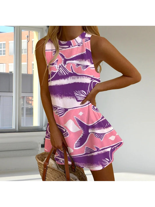 Pink Cartoon Sardines Graphic Dress Casual Loose Women's Clothing