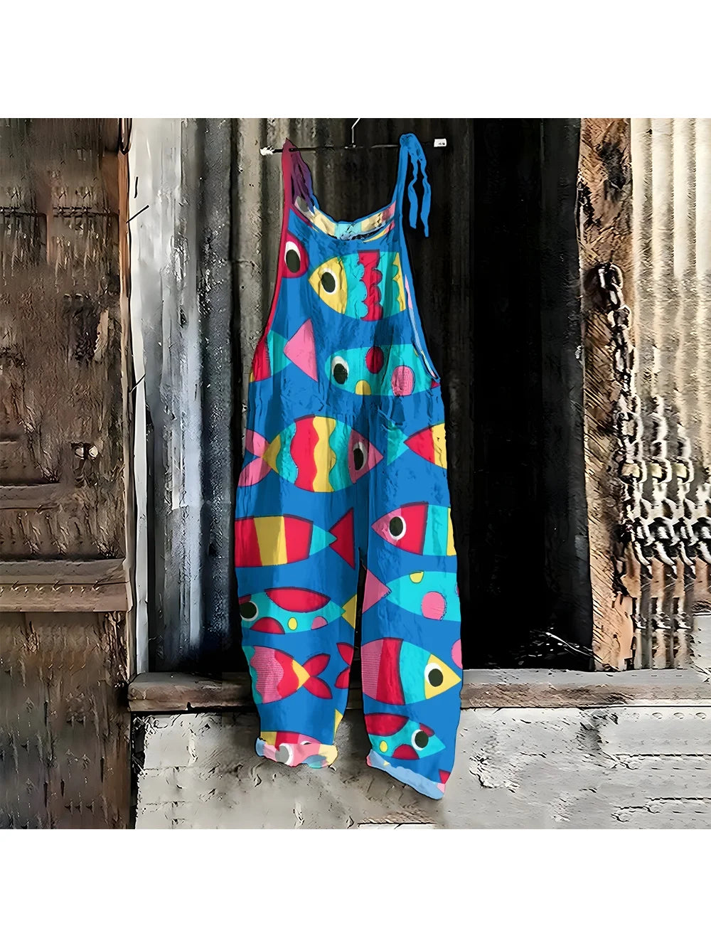 Blue Cartoon Fish Print Jumpsuit Women's Casual Wide Leg Pants