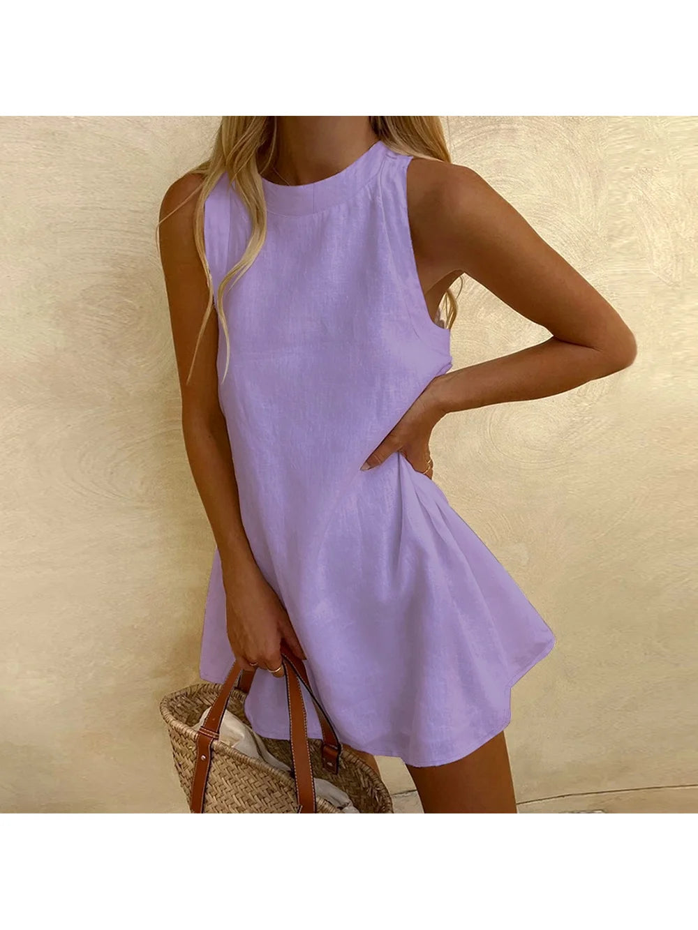 Purple Casual Sleeveless Dress High Waist Simple And Elegant Beach Dress New Cotton Soft Dating Clothing Fashion