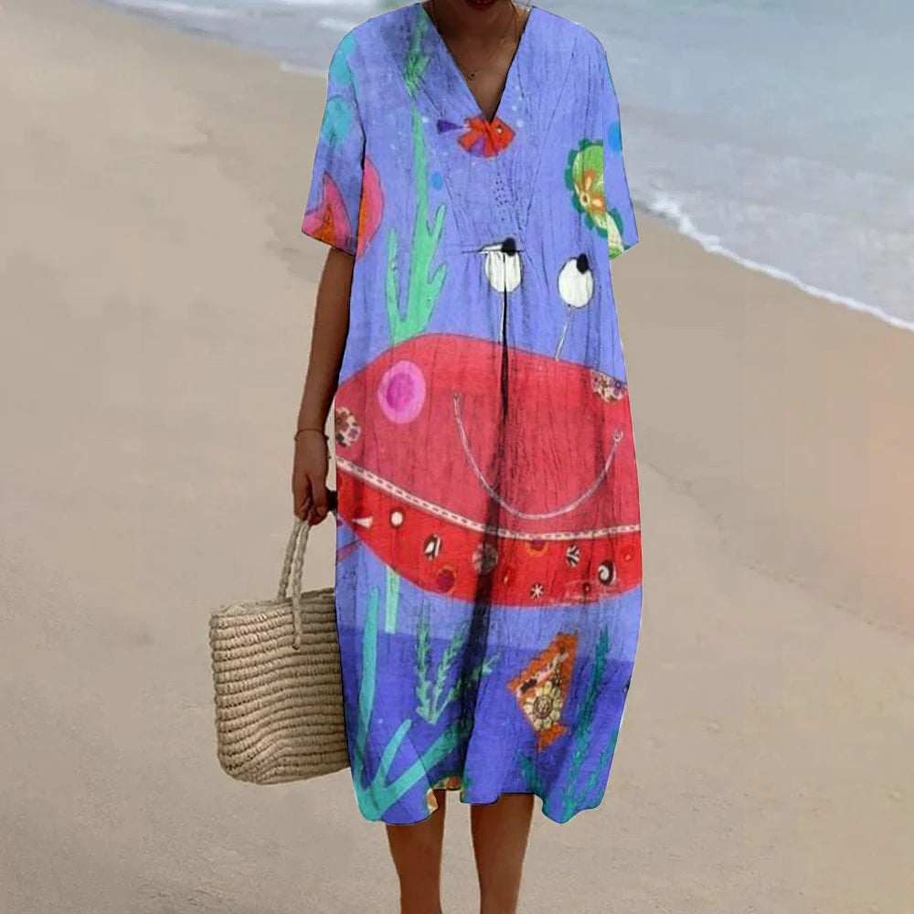 Women's Crab Print Dress Venezuela Elegant V-Neck Beach Sundress